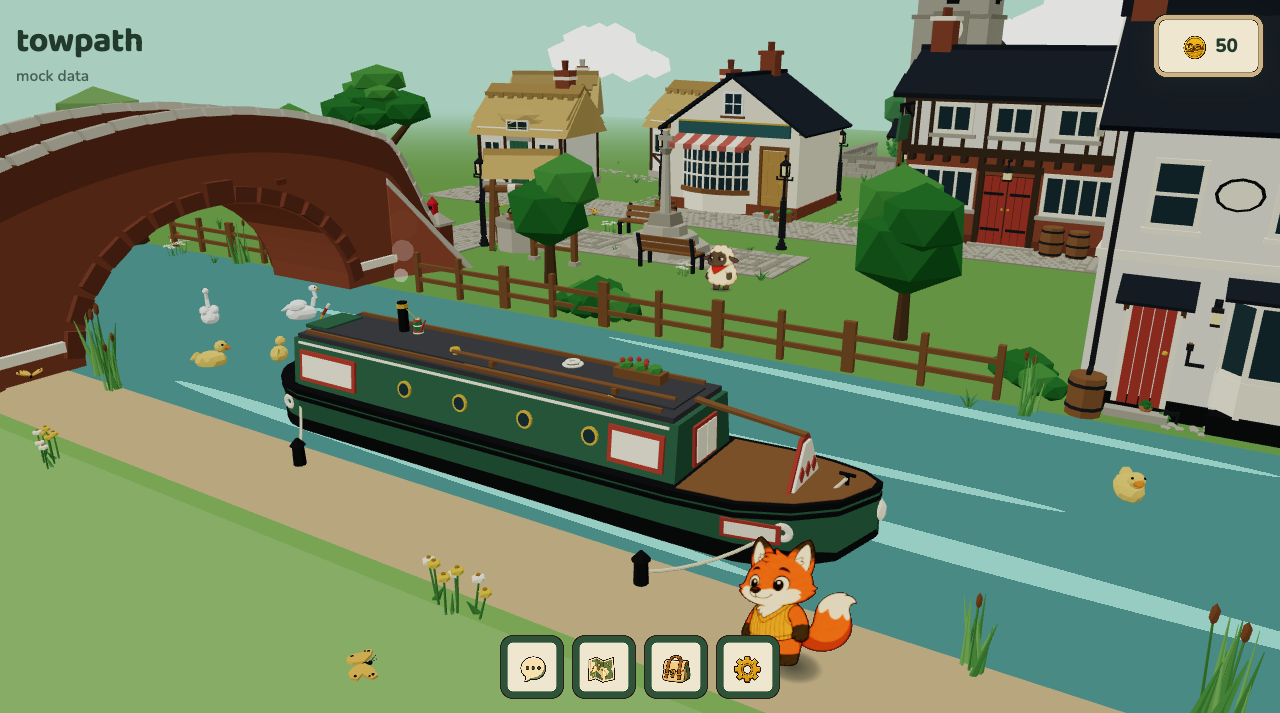 The opening view of towpath: a green narrowboat moored to bollards on the towpath, a brick humpback bridge, and the village rising behind a fence on the far bank.