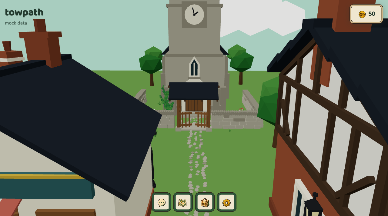 Looking down the rough cobbled church path between the pub and shop roofs to the church and lychgate.